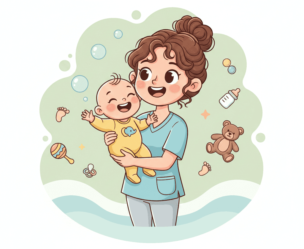 Illustration of a parent holding a smiling baby, surrounded by toys