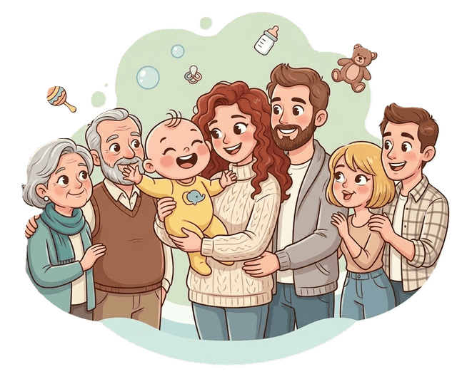 Illustration of two parents and a young child looking at a list of names together